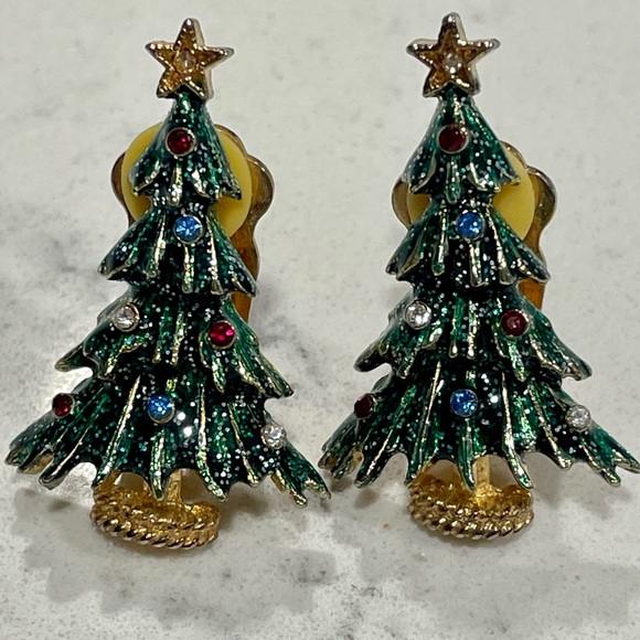 Eisenberg Ice Christmas Tree Earrings Holiday Jewelry Vintage Gold-tone Enamel - Picture 3 of 6